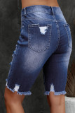 Blue Ripped Tassel Bermuda Jean Shorts