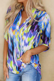 Sky Blue Tie Dye Button Tab-Sleeve V-Neck Blouse