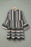 Green Geometric Print V neck Flare Half Sleeve Ruffle Swing Mini Dress