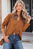 Brown Waffle Knit Half Button Henley Top