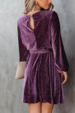 Puff Sleeves Waist Tie Velvet Mini Dress