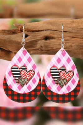 Plaid Heart Printed PU Earrings MOQ 5pcs