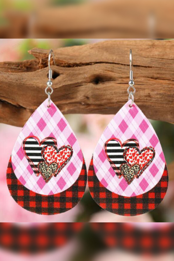 Plaid Heart Printed PU Earrings MOQ 5pcs