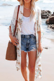 White Pattern Print Open Front Kimono with Side Slit