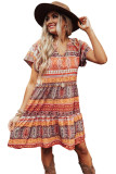 Orange Accent Color Block Bohemian Print Short Sleeve Mini Dress