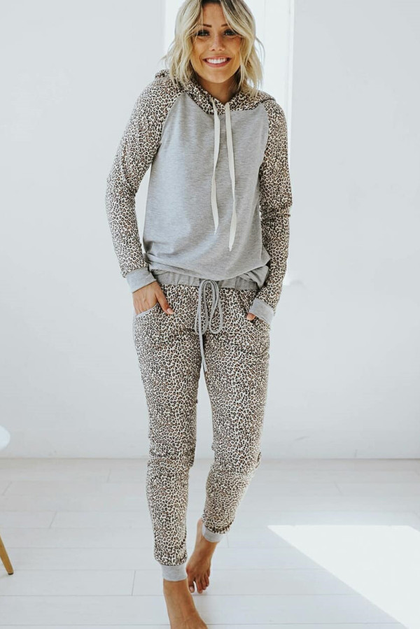 Gray Leopard Print Hoodie and Joggers Set
