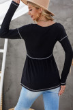 Black V Neck Long Sleeve Colorblock Waffle Babydoll Top
