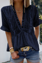 Blue Ruffled V Neck Frill Hem Swiss Dot Blouse
