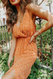 Orange Surplice Dotted Print Sleeveless Maxi Dress with Slit