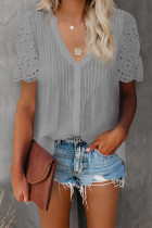 Gray V Neck Eyelet Short Sleeve Pleated Blouse
