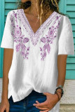 Purple Floral Pattern V Neck Short Sleeve Top