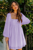Purple Square Neck Puff Sleeve Babydoll Style Short Dress