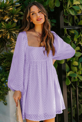 Purple Square Neck Puff Sleeve Babydoll Style Short Dress