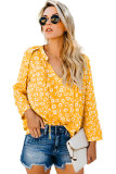 Yellow Floral Print Drawstring V Neck Blouse