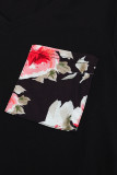 Black Women's Casual Floral Printed Splicing Pullover Pocket T-shirt