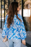 Blue Floral Print Puffy Sleeve Babydoll Blouse