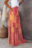 Orange Tiered Paisley Print Pocketed Maxi Skirt