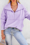 Purple Solid Color Zip Collar Sweatshirt with Pockets