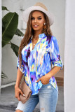 Sky Blue Tie Dye Button Tab-Sleeve V-Neck Blouse
