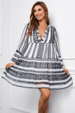 Black Geometric Print Print V neck Ruffle Swing Mini Dress
