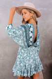 Green V Neck 3/4 Sleeve Bohemian Vintage Print Mini Dress