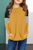 Yellow Striped Colorblock Long Sleeve Girls Blouse with Pocket