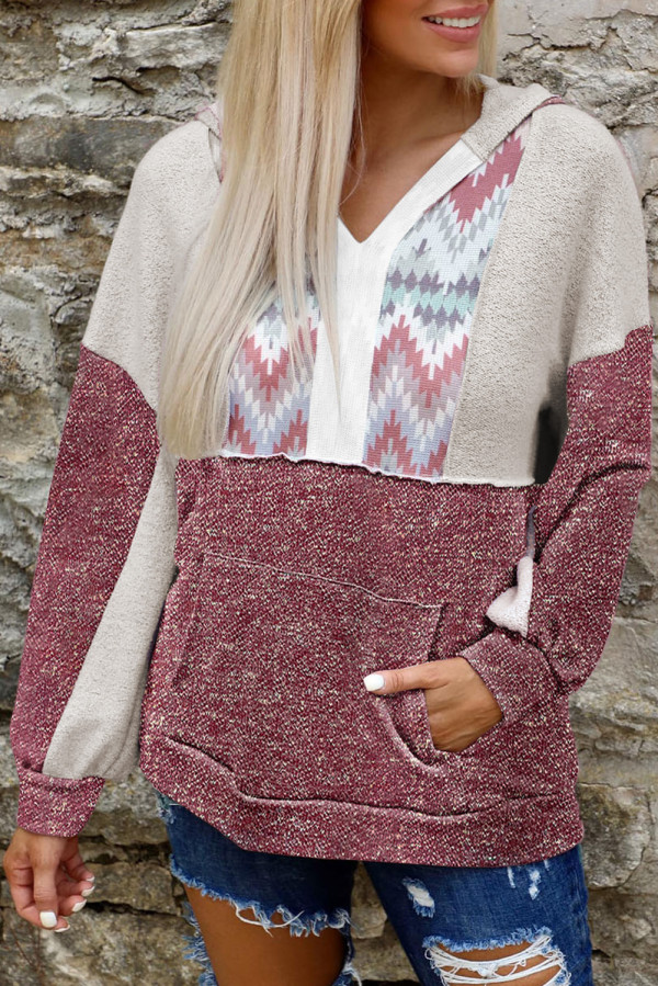 Tribal Chevron Color Block Hooded Sweatshirt with Kangaroo Pocket