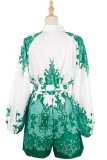 Green Puffy Sleeves Printed Rompers