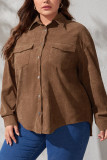 Brown Plus Size Pockets Corduroy Shirt Coat