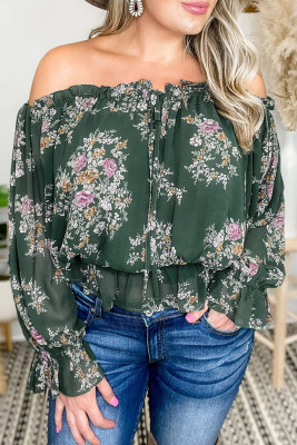 Green Off Shoulder Floral Ruffle Top