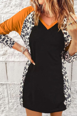 Black Leopard Color Block V-Neck Mini Dress
