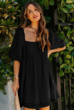 Black Square Neck Puff Sleeve Babydoll Mini Dress