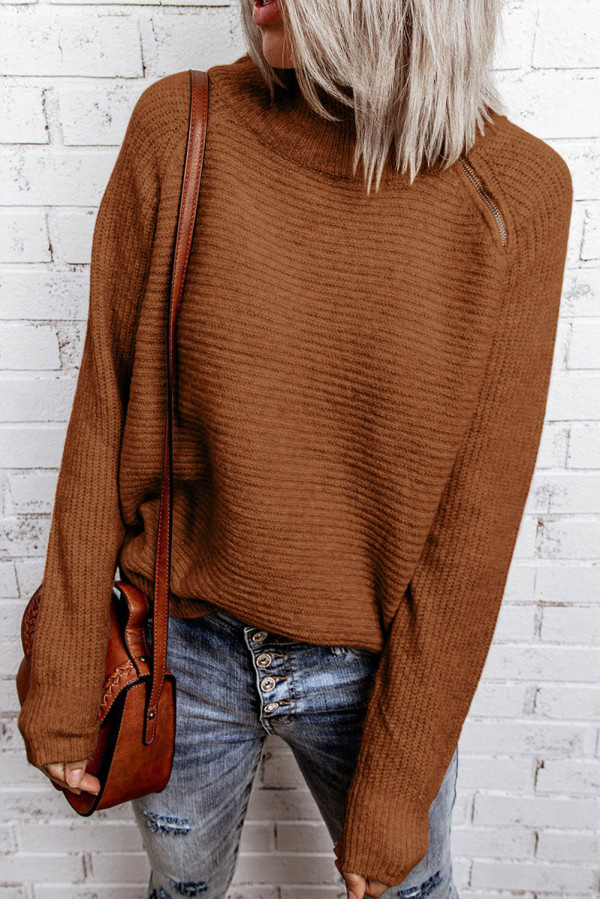 Brown Zip Knitted High Neck Sweater