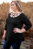 Black 3/4 Sleeve Cut out Neckline Plus Size Top