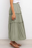 Green Solid Layered Ruffled Drawstring High Waist Maxi Skirt