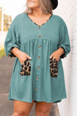 Leopard Patchwork V Neck Buttons Plus Size Babydoll Dress