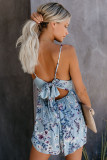 Blue Deep V Spaghetti Straps Lace Floral Romper