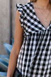 Black Plaid Ruffle V Neck Pocketed Babydoll Mini Dress