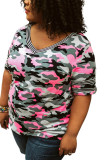 Camo Print V Neck Striped Trim Plus Size Tee