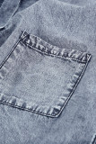 Gray Rolled Sleeve Buttoned Denim Shirt with Pocket