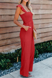Red Blue Flutter Sleeve Smocked Wide Leg Jumpsuit