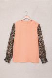 Coral Leopard Splicing Smocked Cuff Puff Long Sleeve Top