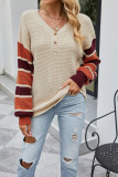 Colorblock Splicing Lantern Sleeves Waffle Knit Top