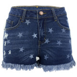 Dark Blue Star Print Shorts Jeans with Tassel