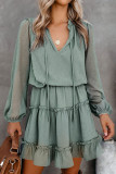 Green Swiss Dot Bubble Sleeve Ruffle Mini Dress