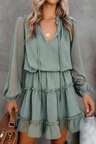 Green Swiss Dot Bubble Sleeve Ruffle Mini Dress