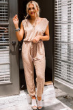 Brown Cheetah Print V Neck Cap Sleeve Jogger Jumpsuit