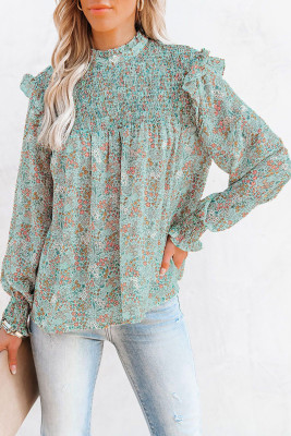 Floral Print Smocked Ruffled Long Sleeve Blouse