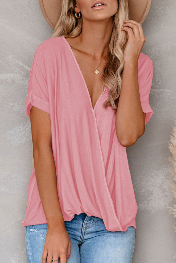 Pink Short Sleeves Drape Knit Top