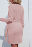 Long Sleeve Plain Waist Tie Split Sweater Dress